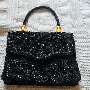 Vintage Elegant Black Beaded Handbag Hand MADE IN Hong Ko F